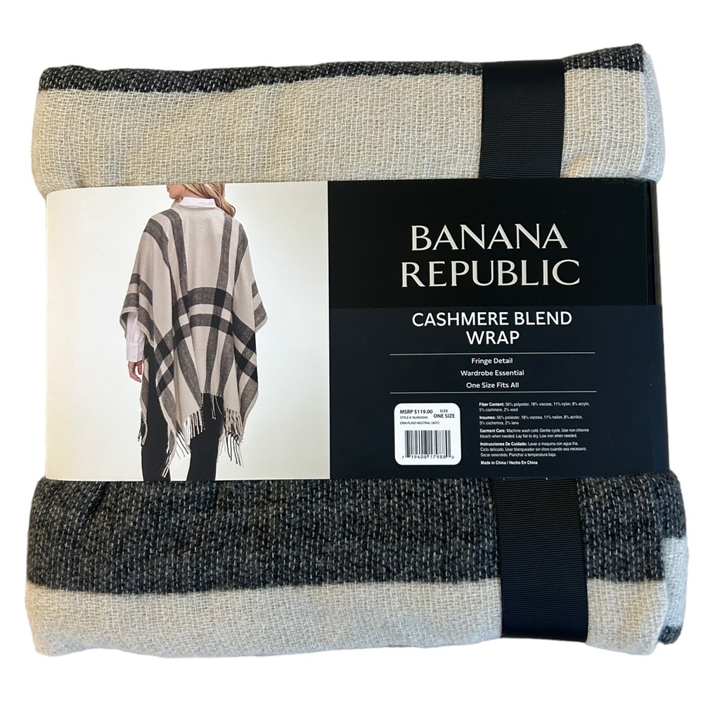Banana Republic Cashmere Blend Black And Cream Plaid Wrap NEW ONE SIZE - Picture 3 of 6